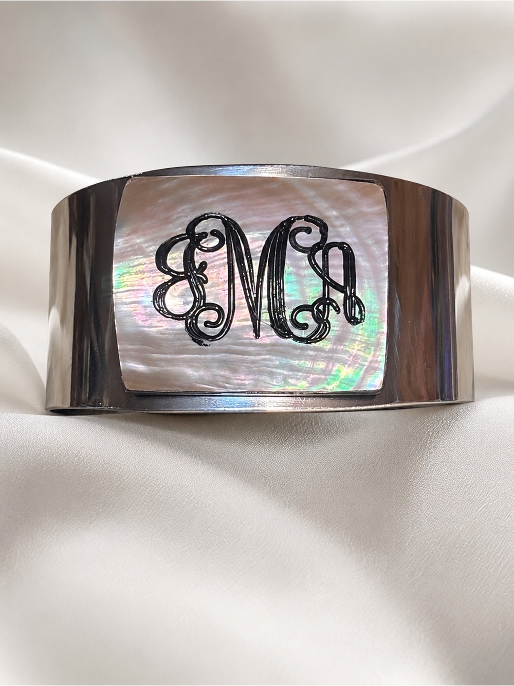 Vintage Mother of Pearl Monogram M Silvertone Cuff Bracelet Wide Cuff